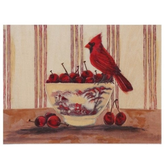 The HAND-PAINTED WALL ART ON WOOD - BIRD ON DISH WITH FRUIT by CREATIVE COOP features a small brown bird on a floral dish beside three pears, with striped background—perfect rustic decor for your home.