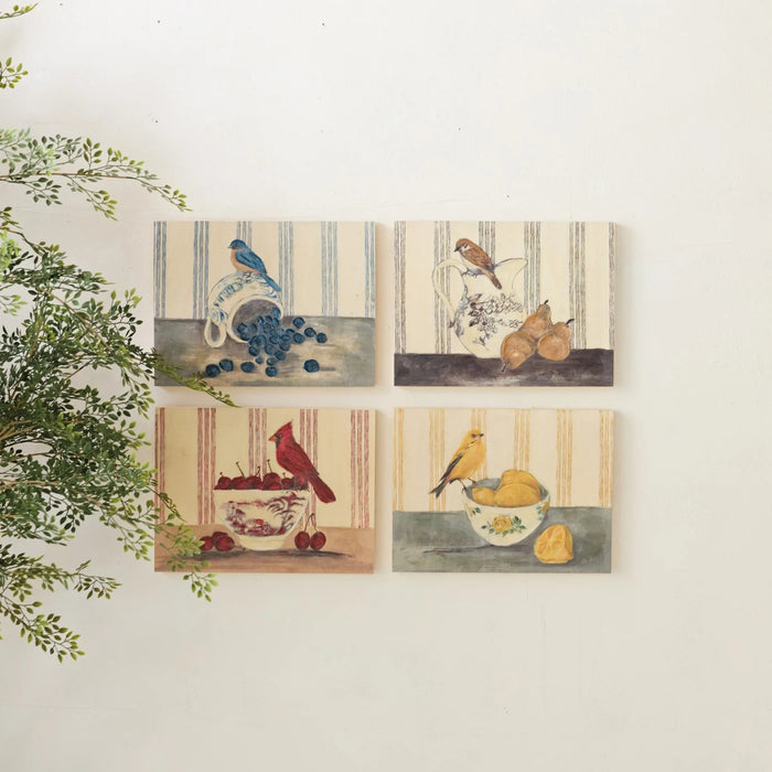 The HAND-PAINTED WALL ART ON WOOD - BIRD ON DISH WITH FRUIT by CREATIVE COOP features a small brown bird on a floral dish beside three pears, with striped background—perfect rustic decor for your home.