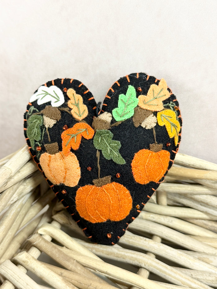 Cotton handmade pumpkin and scarecrow heart ornament for farmhouse cottagecore fall home decor from Magnolias Home Decor