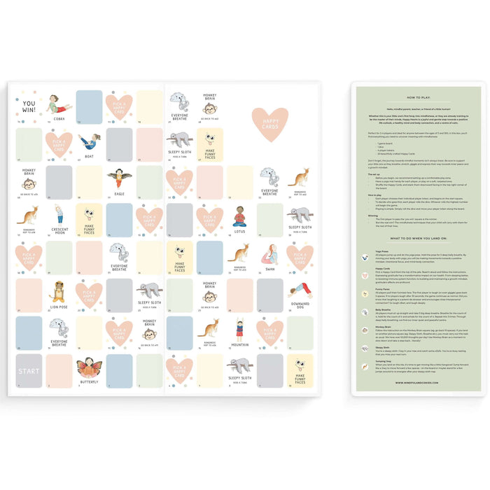 Two sheets of paper with colorful heart and animal illustrations on one, and text on the other, against a white background.