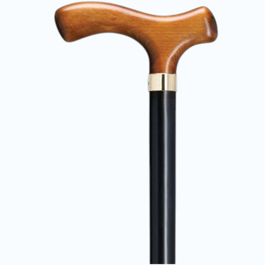 The HARVY CANES Scorched Cherry Fritz Handle with Brass Band Cane features a stylish curved wooden handle, brass band below the handle, and a sleek shaft.