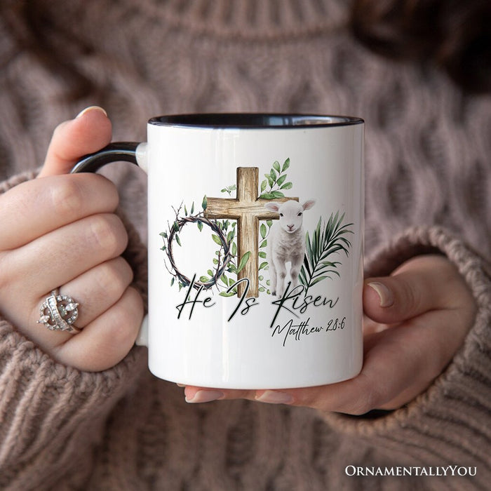 He Is Risen Lamb Cross Christian Easter Personalized Mug, Bible Verse Matthew 28:6 Gift with Custom Name Personalized Ceramic Mug OrnamentallyYou
