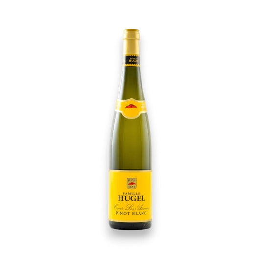 A tall, green glass wine bottle with a yellow label and a gold-accented neck reads "HUGEL CUVEE LES AMOURS PINOT BLANC 2022" from WINE: TRYON, standing upright against a plain white background.