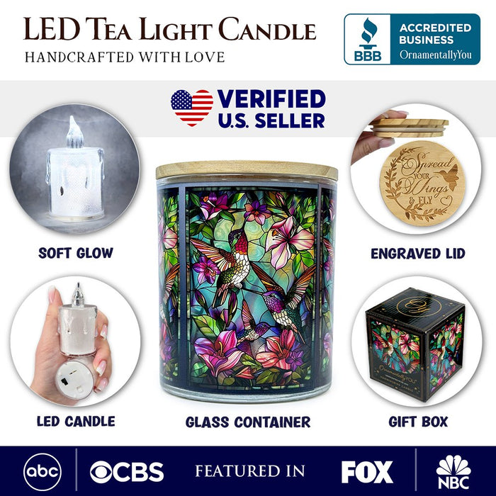 Hummingbird Faux Stained Glass LED Tea Light Candle, Delicate Nature Inspired Decor With Soft Glow Candles OrnamentallyYou
