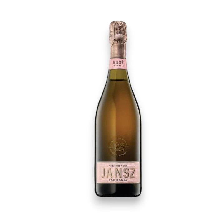 A bottle of JANSZ SPARKLING ROSE TASMANIA by WINE: TRYON, featuring a pink foil top and pink label, shown on a plain white background. Available for shipping to North Carolina.