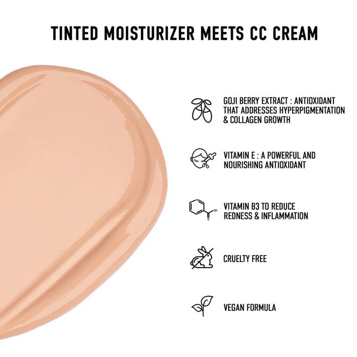 A black tube labeled "JW" stands before a beige swatch, highlighting JASON WU BEAUTY's TINTED MOISTURIZER MEETS CC CREAM for a natural glow on a white background.