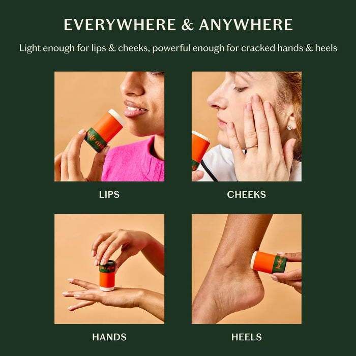 A cylindrical skincare stick features an orange design with "KATE MCLEOD" inscribed. Next to it, a green cap displays "The Everywhere Stick" in white. A red circle above says "New In." Made with pure plant butters, this wax-free formula is a hydration hero, all set against a light green background.