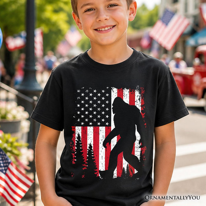 Kids Bigfoot American Flag T-Shirt, Youth Patriotic Sasquatch Tee Kid's T-Shirts OrnamentallyYou