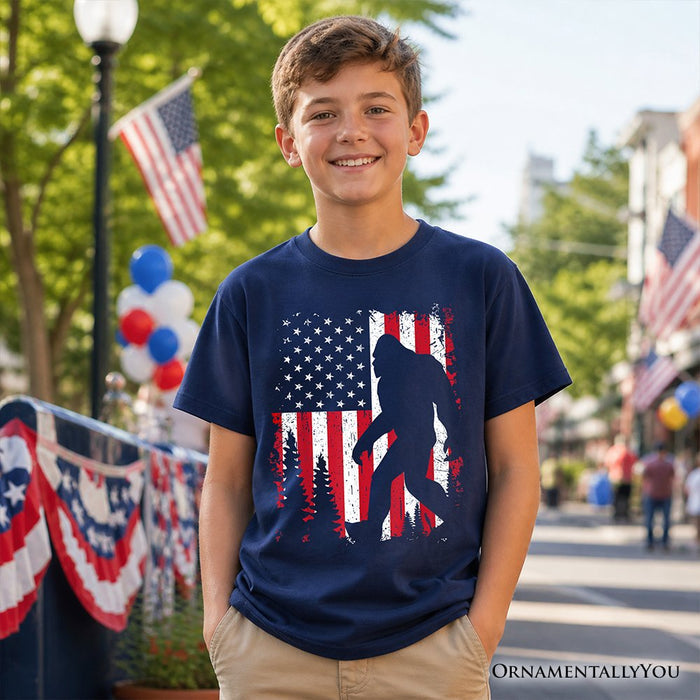 Kids Bigfoot American Flag T-Shirt, Youth Patriotic Sasquatch Tee Kid's T-Shirts OrnamentallyYou