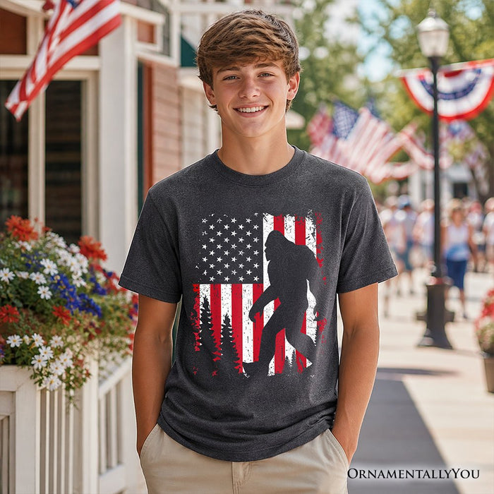 Kids Bigfoot American Flag T-Shirt, Youth Patriotic Sasquatch Tee Kid's T-Shirts OrnamentallyYou