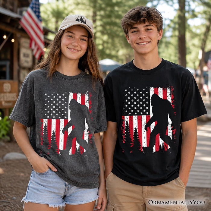 Kids Bigfoot American Flag T-Shirt, Youth Patriotic Sasquatch Tee Kid's T-Shirts OrnamentallyYou