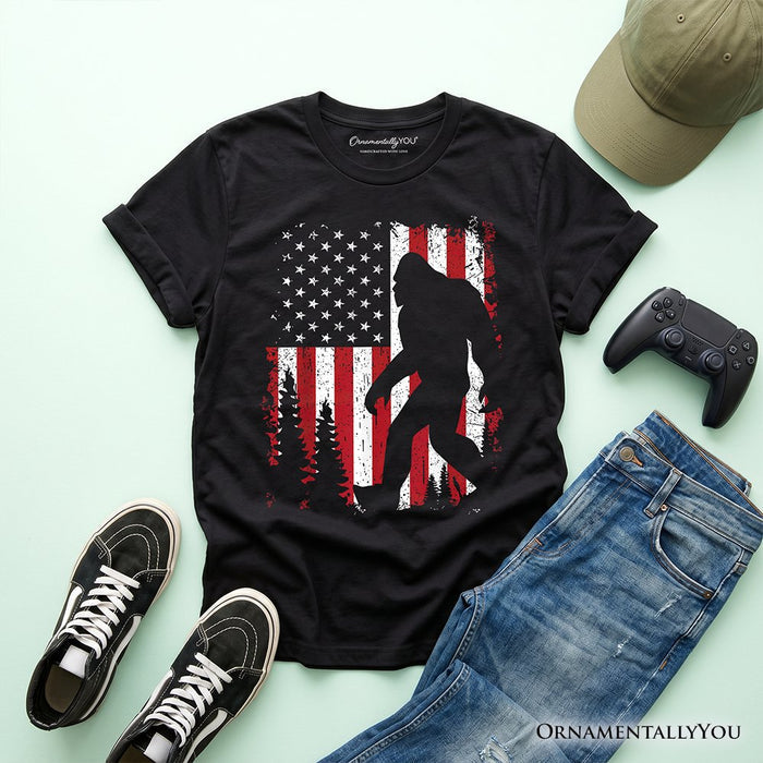 Kids Bigfoot American Flag T-Shirt, Youth Patriotic Sasquatch Tee Kid's T-Shirts OrnamentallyYou Black XS