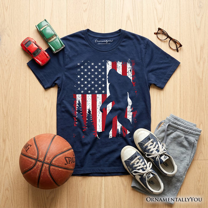 Kids Bigfoot American Flag T-Shirt, Youth Patriotic Sasquatch Tee Kid's T-Shirts OrnamentallyYou Navy XS