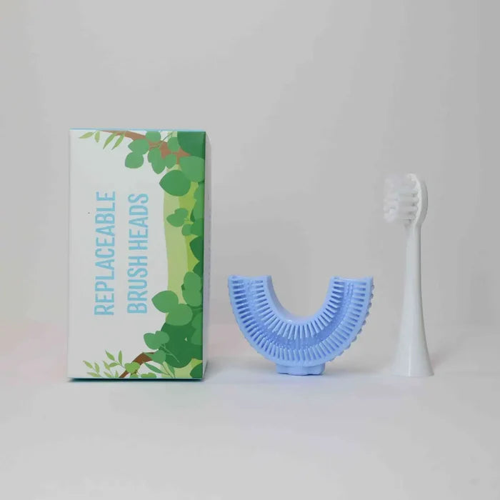 Replaceable brush heads packaging with a blue and white brush on a light gray background