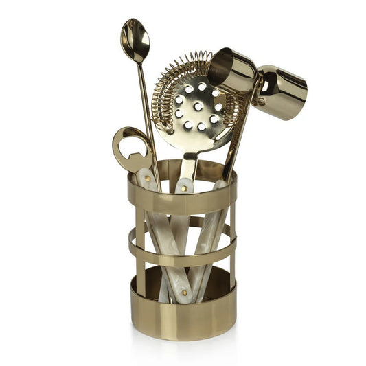 The KNIGHTSBRIDGE 5-PIECE BAR SET IN GOLD by ZODAX includes a strainer, jigger, bar spoon, and bottle opener with pearlescent handles—all in metallic gold—perfect for your cocktail hour. Elegantly displayed on a white background.