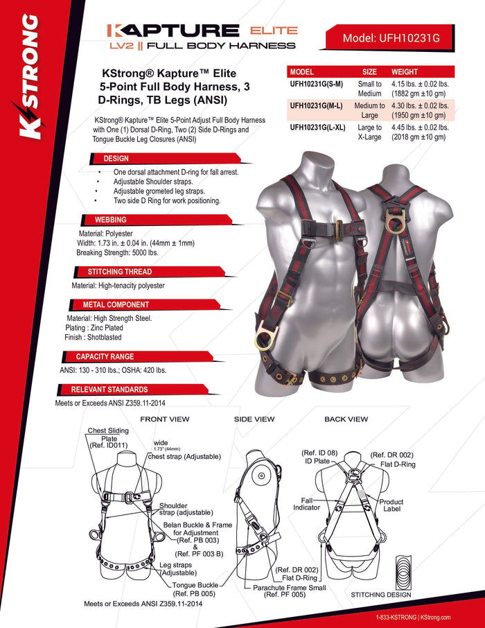 KStrong® Kapture™ Elite 5-Point Full Body Harness, 3 D-Rings, TB Legs (ANSI) - Ironworkergear