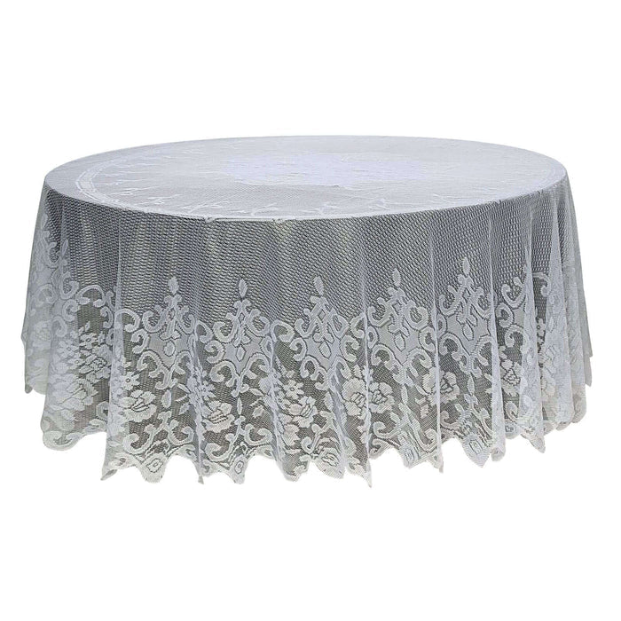 Round lace tablecloth with intricate floral design on a white background.