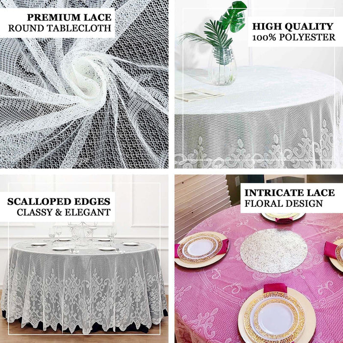 Premium lace round tablecloth with intricate floral design and scalloped edges.