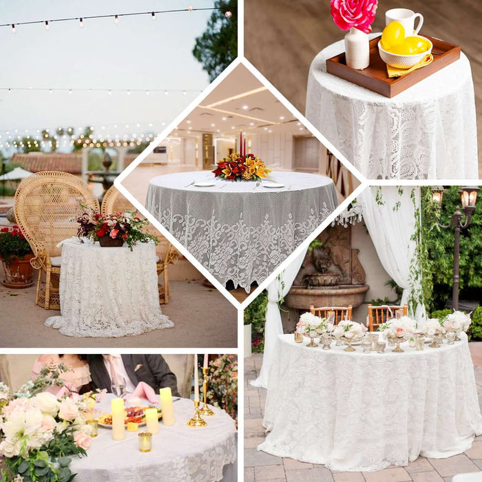 Elegant lace tablecloths for weddings and events, showcasing various styles and settings.