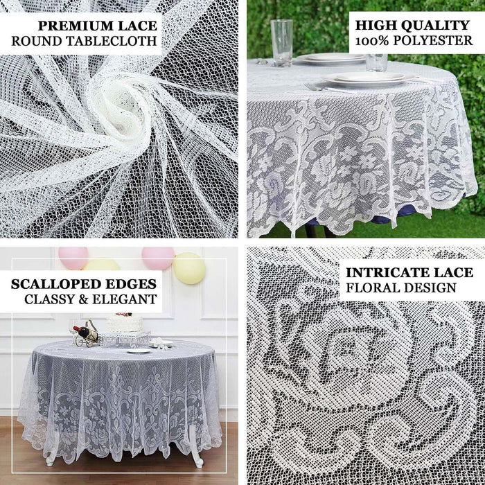 Premium lace round tablecloth, 100% polyester, scalloped edges, intricate floral design.