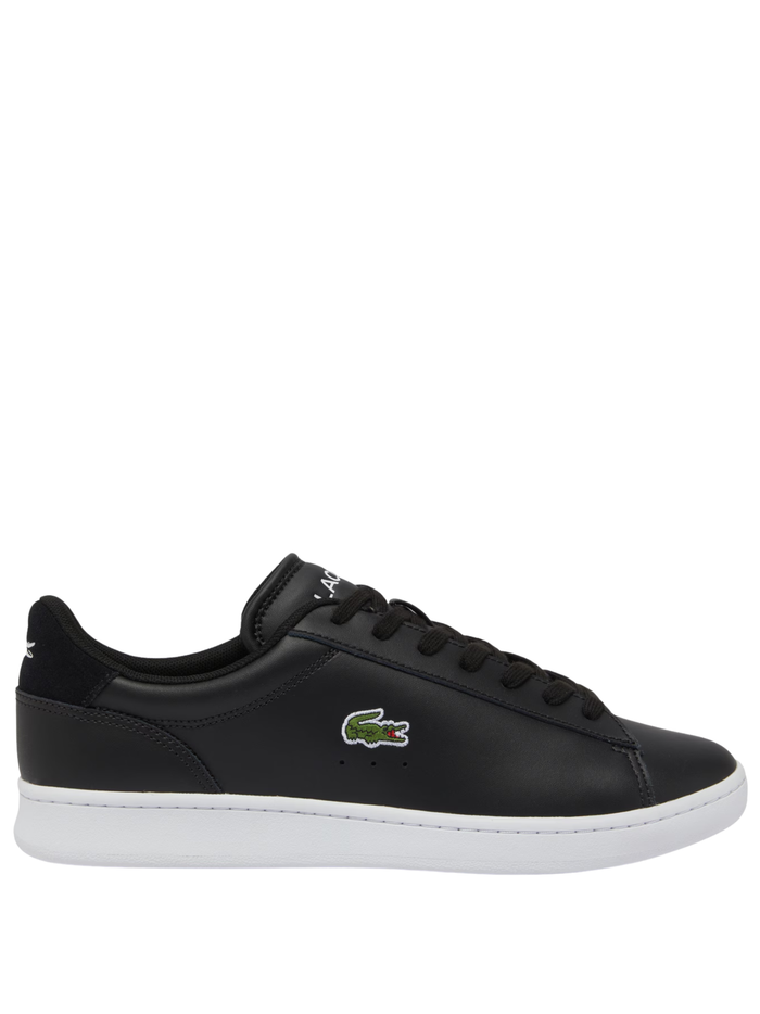 LACOSTE Carnaby Set black leather sneakers with white sole and green crocodile logo side view