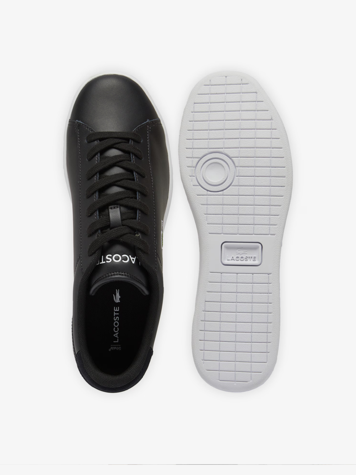 LACOSTE Carnaby Set black leather sneakers top view displaying black laces, padded tongue and premium leather construction