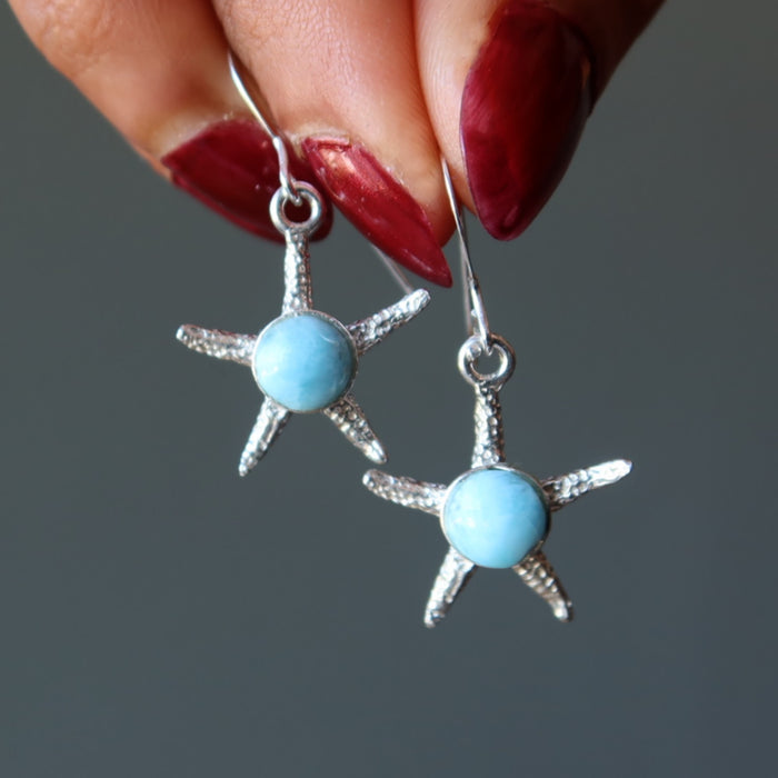 Larimar Earrings Blue Starfish Stone Sterling Silver