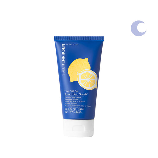 A closed bottle of Lemonade Smoothing Scrub on a white background. Upper right corner has an icon of a blue moon.