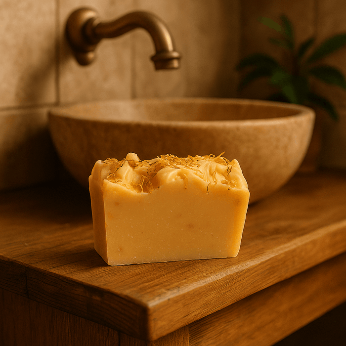 Lemongrass Calendula Soap Bar - Soap Boutique placed on wooden surface beside a stone basin.