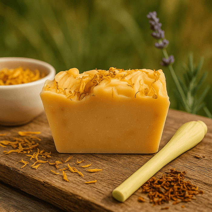 Lemongrass Calendula Soap Bar - Soap Boutique on a wooden surface with calendula petals and a bowl.