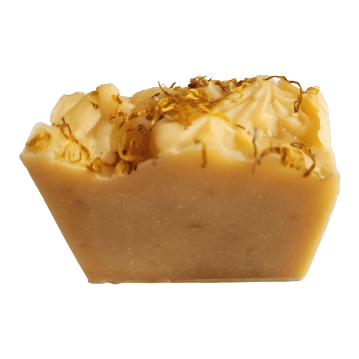 Lemongrass Calendula Soap Bar - Soap Boutique displayed with calendula petals and creamy lather.