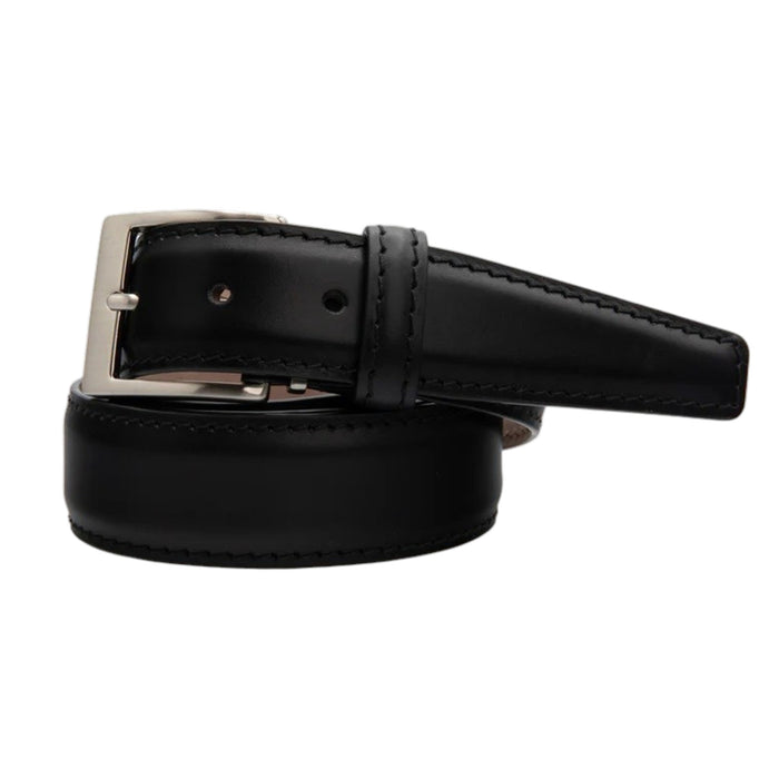 The LEN LIFESTYLE Italian Calf Belt in black features black stitching, a silver rectangular buckle, and a classic design for a timeless look.