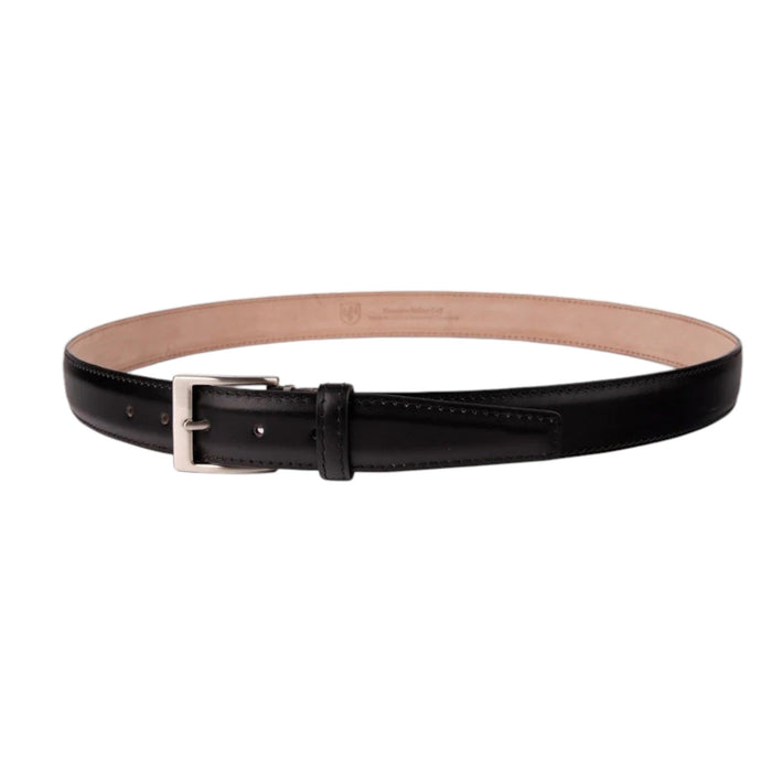 The LEN LIFESTYLE Italian Calf Belt in black features black stitching, a silver rectangular buckle, and a classic design for a timeless look.