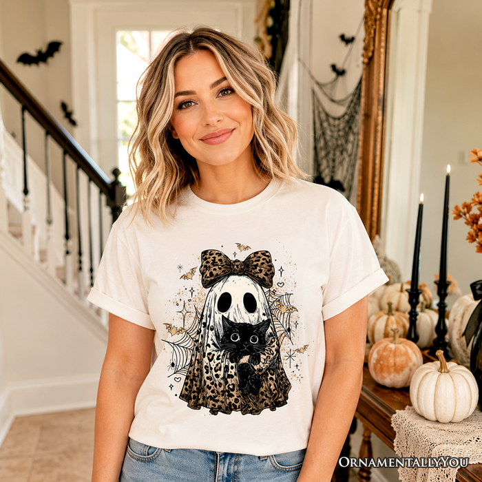 Leopard Bow Ghost with Black Cat T-Shirt, Spooky Halloween Spider Web Tee
