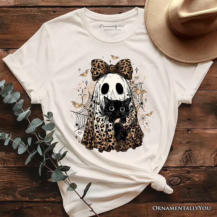 Leopard Bow Ghost with Black Cat T-Shirt, Spooky Halloween Spider Web Tee