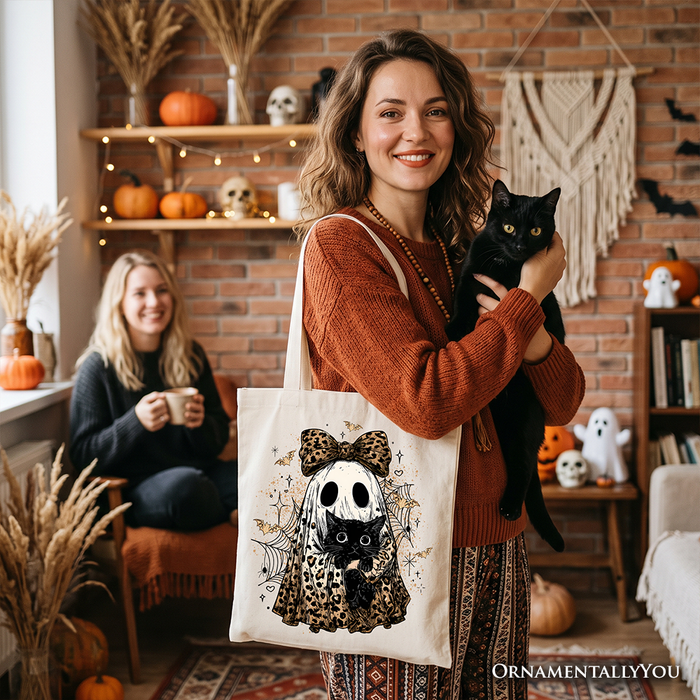 Leopard Bow Ghost with Black Cat Tote Bag, Spooky Halloween Spider Web Gift Shopper