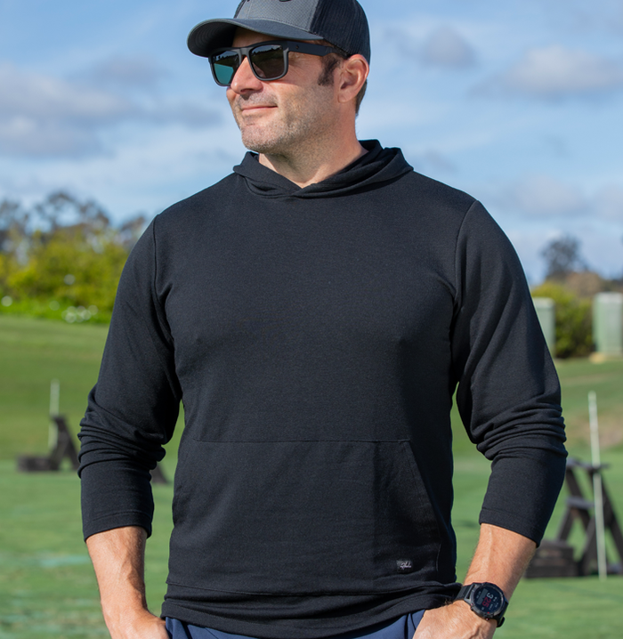 Men's Golf Hoodie in Black made with French Terry fabric.