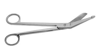 Bandage scissors lie open against a white background.