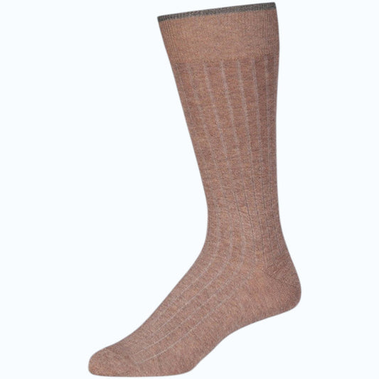 The LORENZO UOMO Ribbed Mercerized Cotton Sock in taupe is displayed upright against a light background. Made in Italy, this luxury sock is crafted from fine Egyptian cotton and finished with a dark contrast band at the top.
