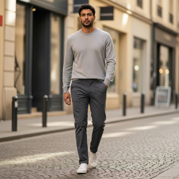 A man wearing a light gray sweater, brown shoes, and MACK WELDON Stretch Twill Chino Pants in Asphalt walks alone on a cobblestone street in a stylish urban area with shops and buildings in the background.