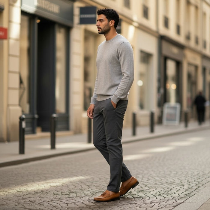 A man wearing a light gray sweater, brown shoes, and MACK WELDON Stretch Twill Chino Pants in Asphalt walks alone on a cobblestone street in a stylish urban area with shops and buildings in the background.