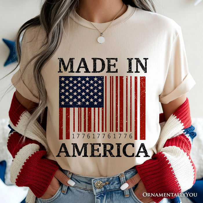 Made In America Bar Code Flag T-Shirt, Patriotic 1776 USA 250th Anniversary Tee T-Shirts OrnamentallyYou