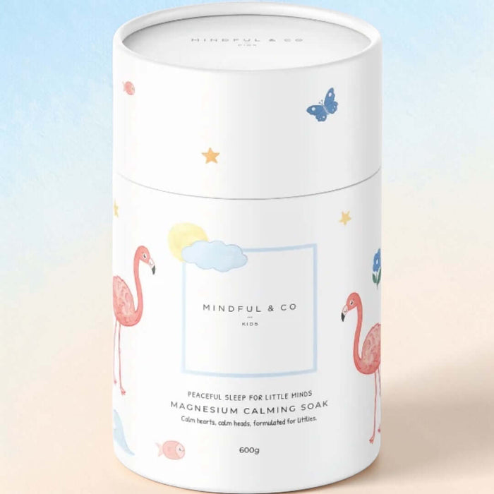 Magnesium Calming Soak 600g packaging featuring whimsical designs for soothing baths for children.