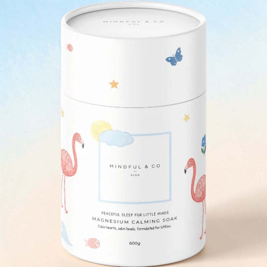 Magnesium Calming Soak 600g packaging featuring whimsical designs for soothing baths for children.