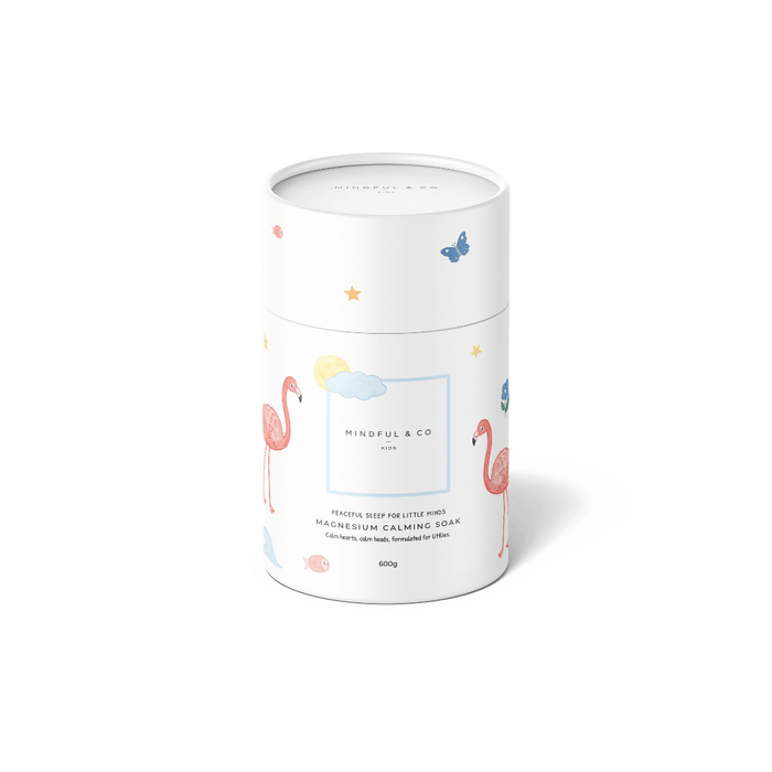 Magnesium Calming Soak 600g packaging with colorful flamingo and butterfly designs.