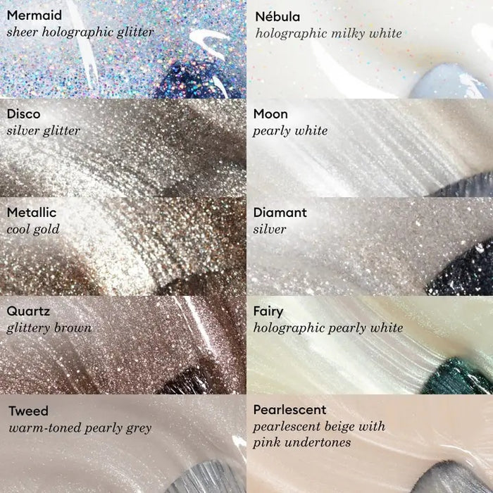 A transparent glass bottle of MANUCURIST - GREEN™ Nail Polish in Disco by MANUCURIST INC contains a sparkling silver glitter vegan polish. The bottle features a black cap and a white label adorned with green and black text.