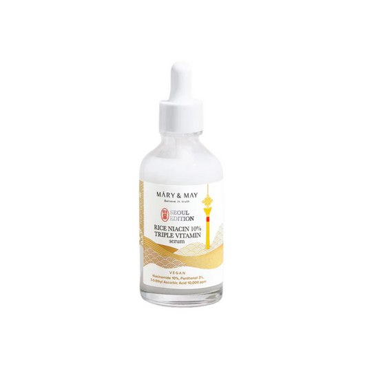 MARY & MAY Rice Niacin 10% Triple Vitamin Serum Seoul Edition brightens dull skin, fades dark spots, and evens tone with Niacinamide, Rice Extract, and triple vitamins. Ideal for dull or uneven skin.