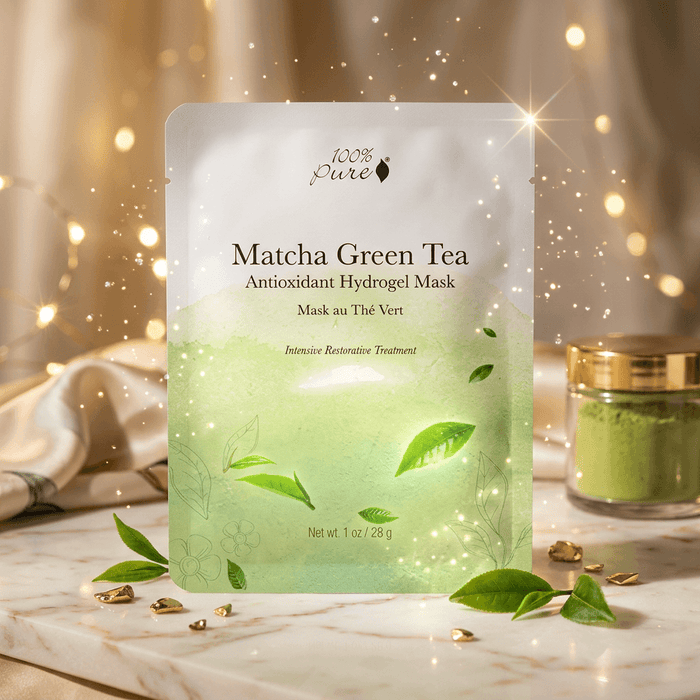 Matcha Green Tea antioxidant hydrogel mask packaging on a decorative background