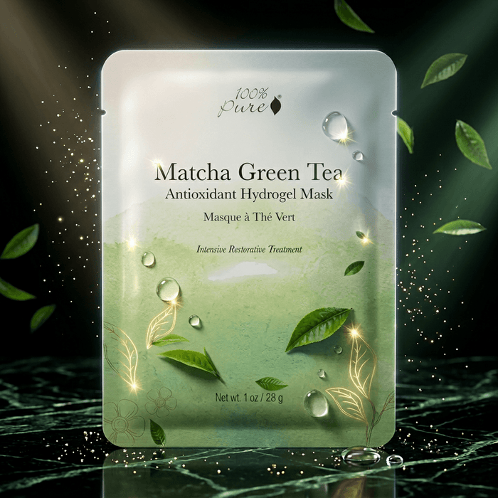 Matcha Green Tea Antioxidant Hydrogel Mask packaging with green leaves and water droplets on a dark background