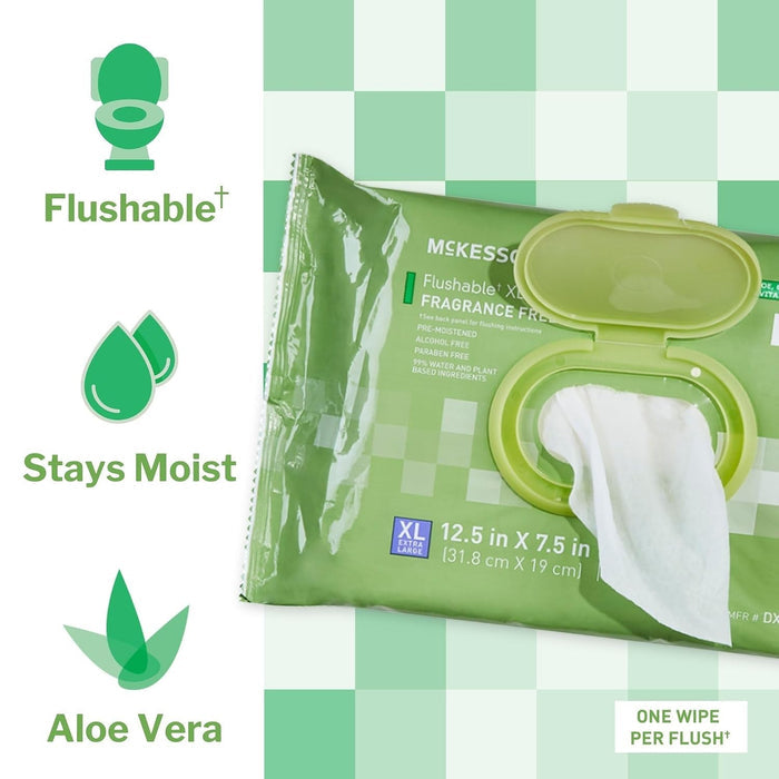 McKesson Flushable XL Wipes, Fragrance Free, 12.5" x 7.5"